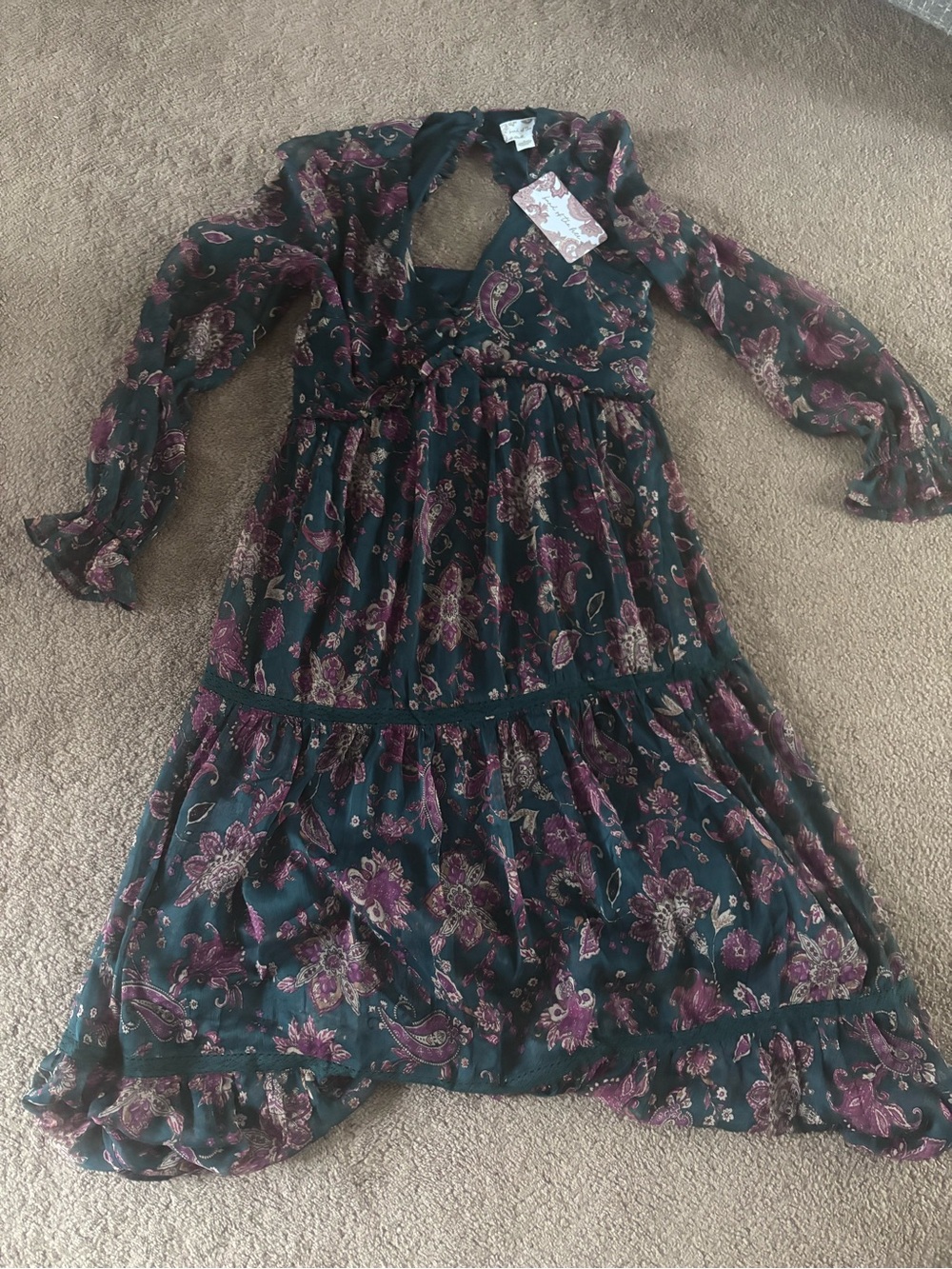 Unbranded Long Sleeve Tiered Floral Dress in Deep Green and Burgundy